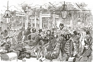 Waterloo Station. Drawing from Punch.